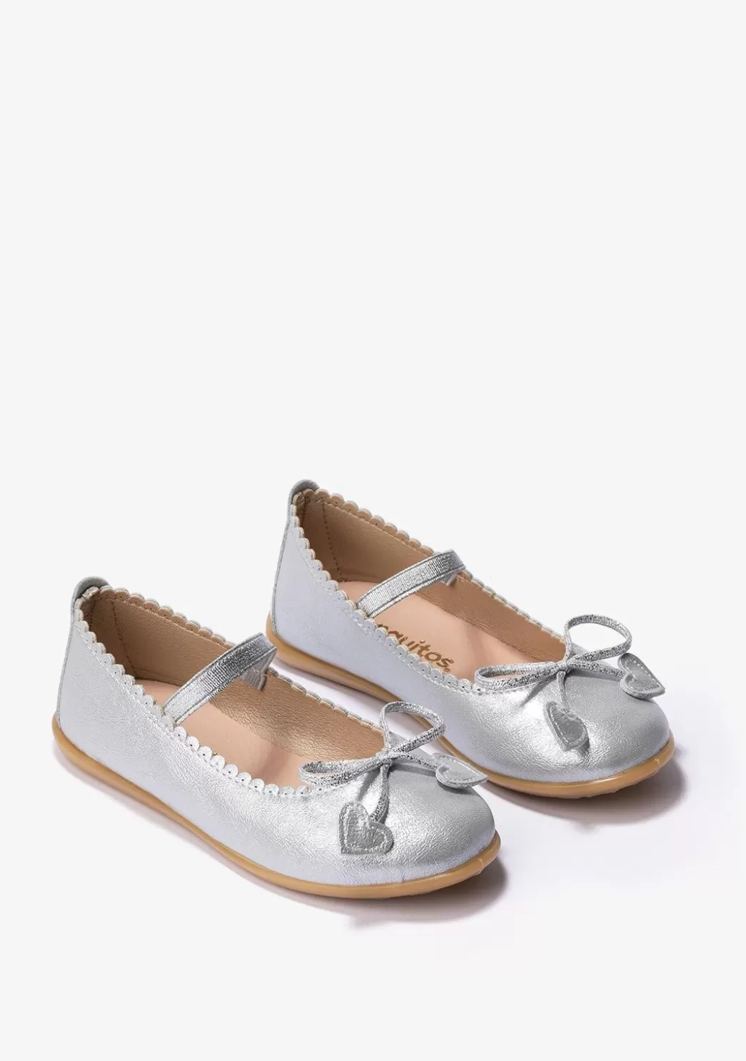 Clearance Bailarinas De Niña Lazo Corazones Metalizado Plata Zapatos De Ceremonia | Bailarinas