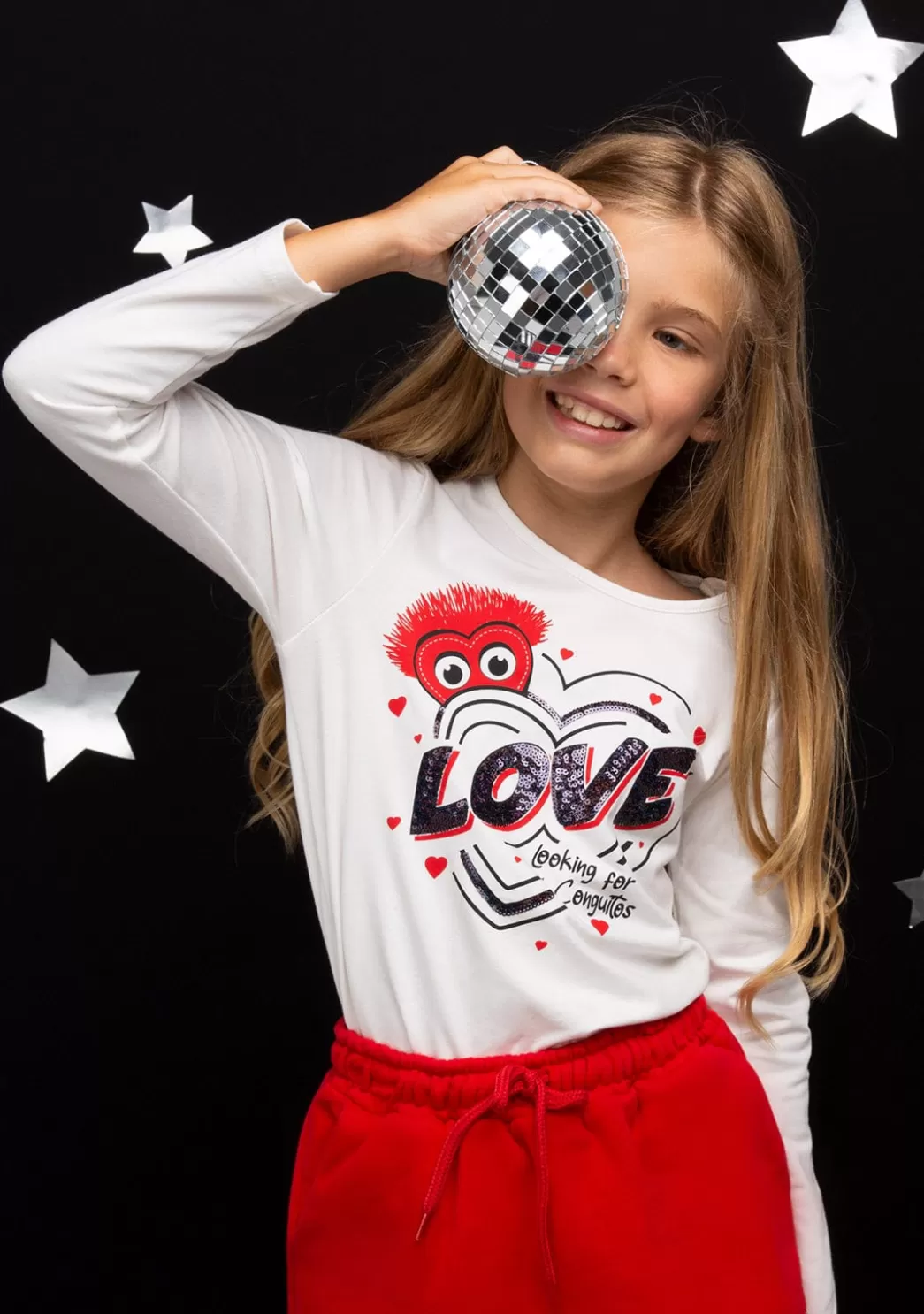 Fashion Camiseta De Niña Corazón Lentejuelas Blanco Camisetas | Camisetas Manga Larga