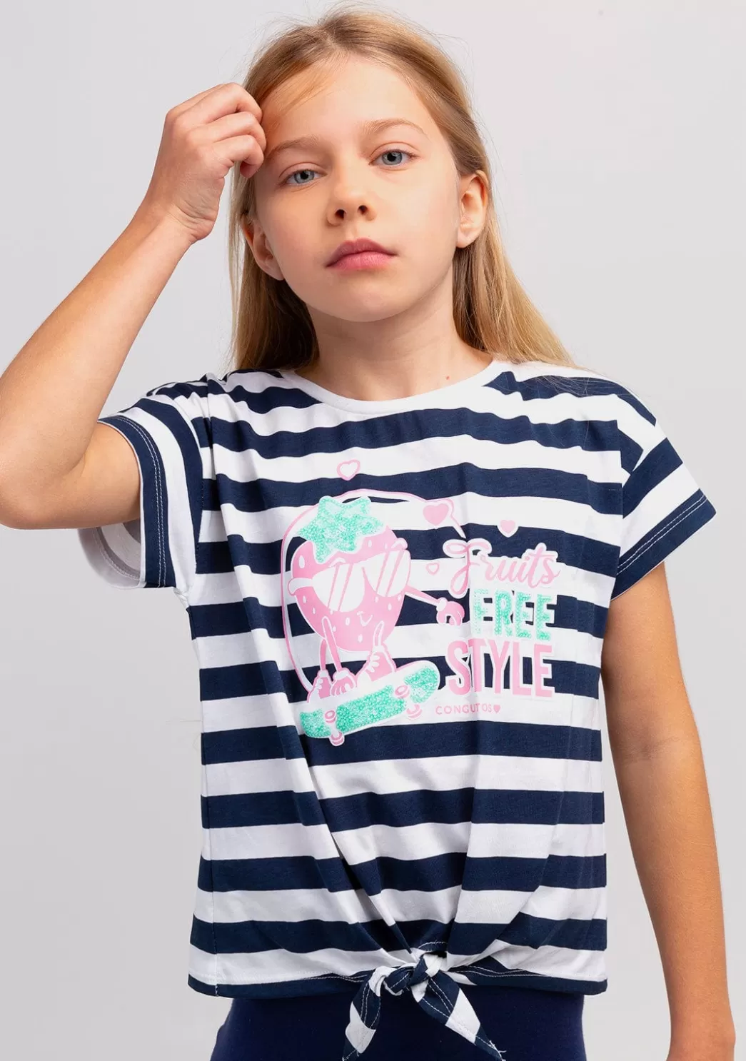 Flash Sale Camiseta Niña Rayas Estampado Fresas Anudada Camisetas