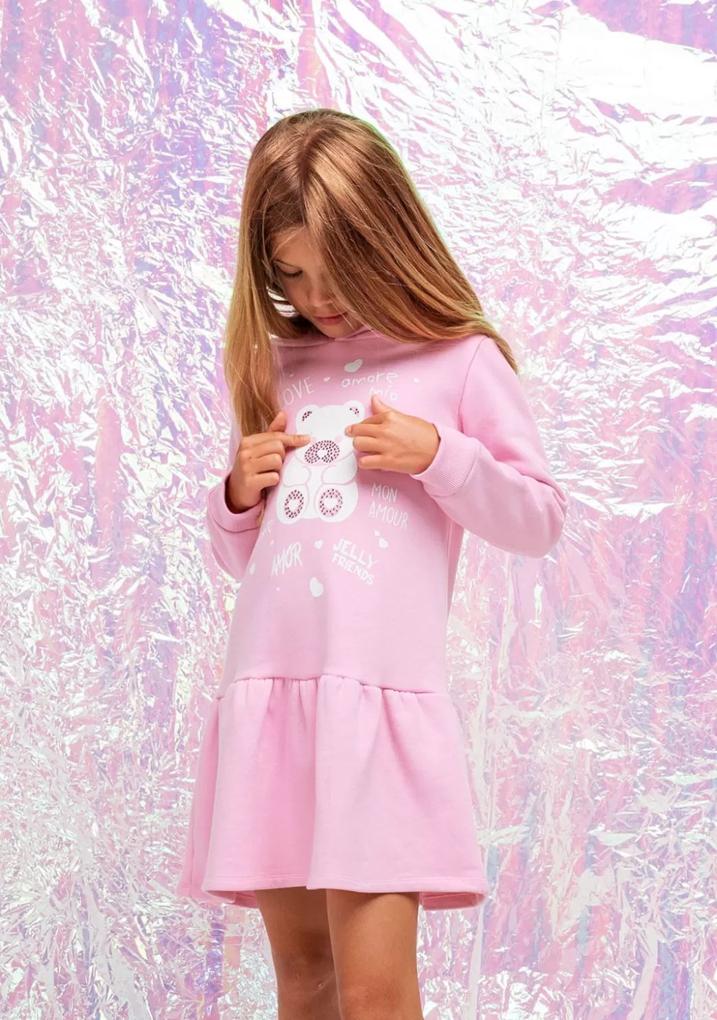 Cheap Vestido Niña Capucha Osito Pedrería Rosa Vestidos Sudadera | Vestidos